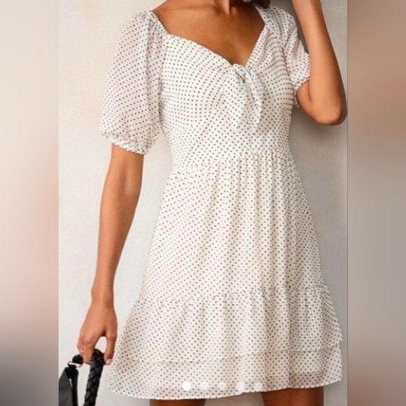 LC Lauren Conrad Dresses & Skirts - LC Lauren Conrad White Mini Dress with Black Polka Dot Print